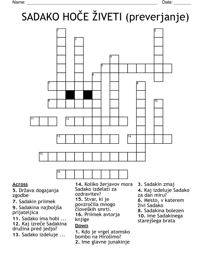 SADAKO HOČE ŽIVETI (preverjanje) Crossword