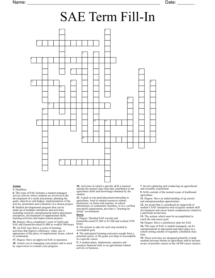 SAE Term Fill-In Crossword