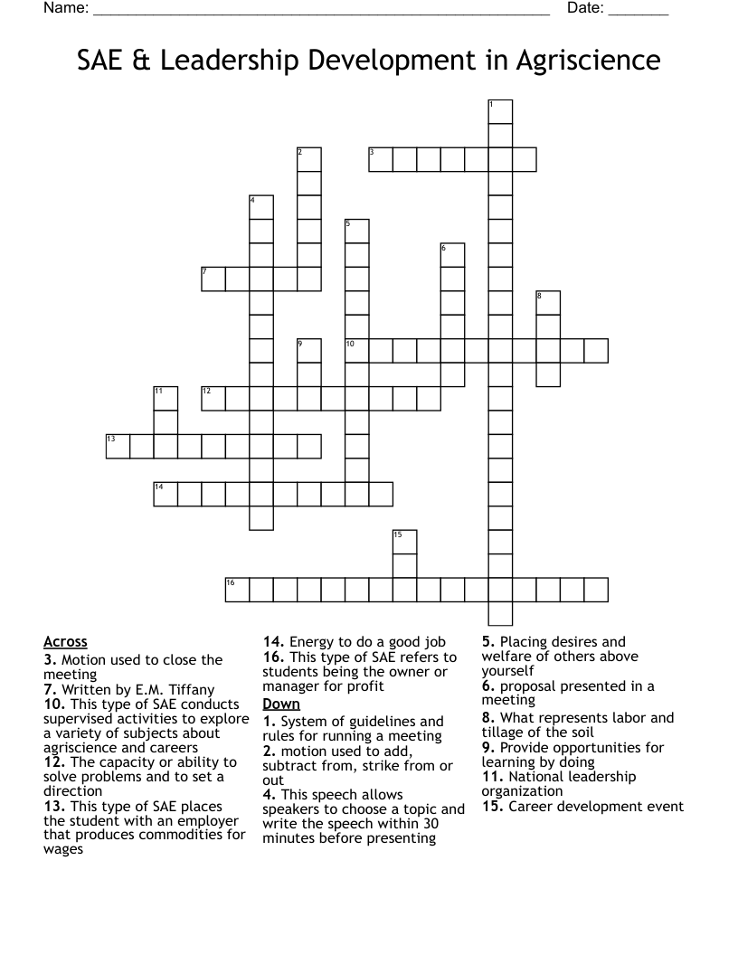 SAE & Leadership Development in Agriscience Crossword