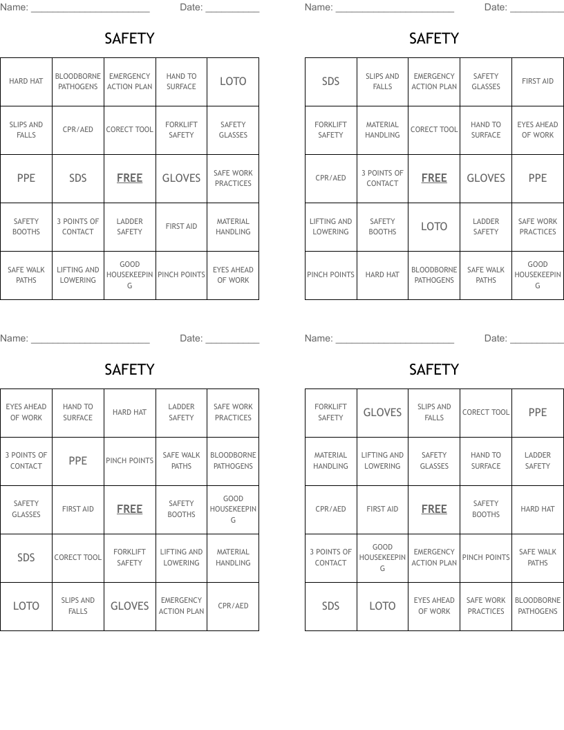 SAFETY Bingo Cards