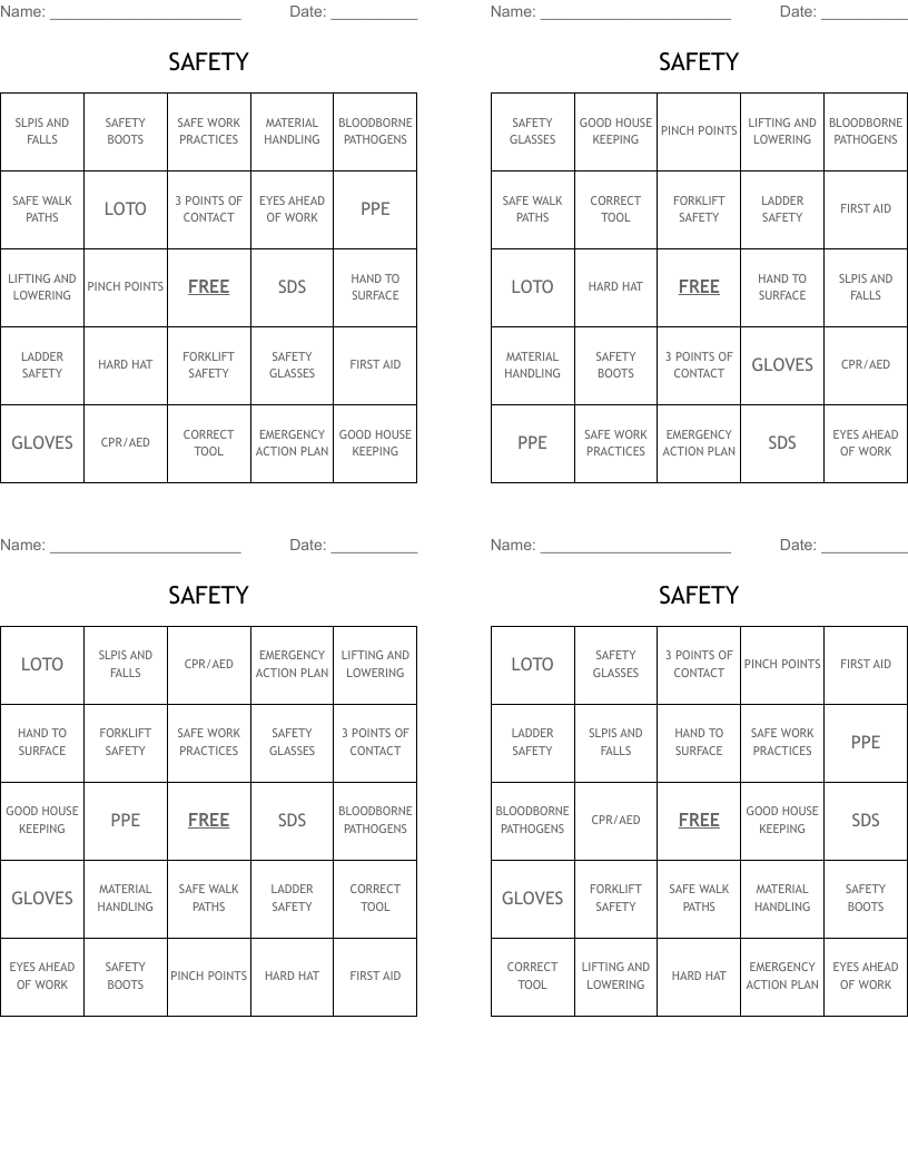 SAFETY Bingo Cards