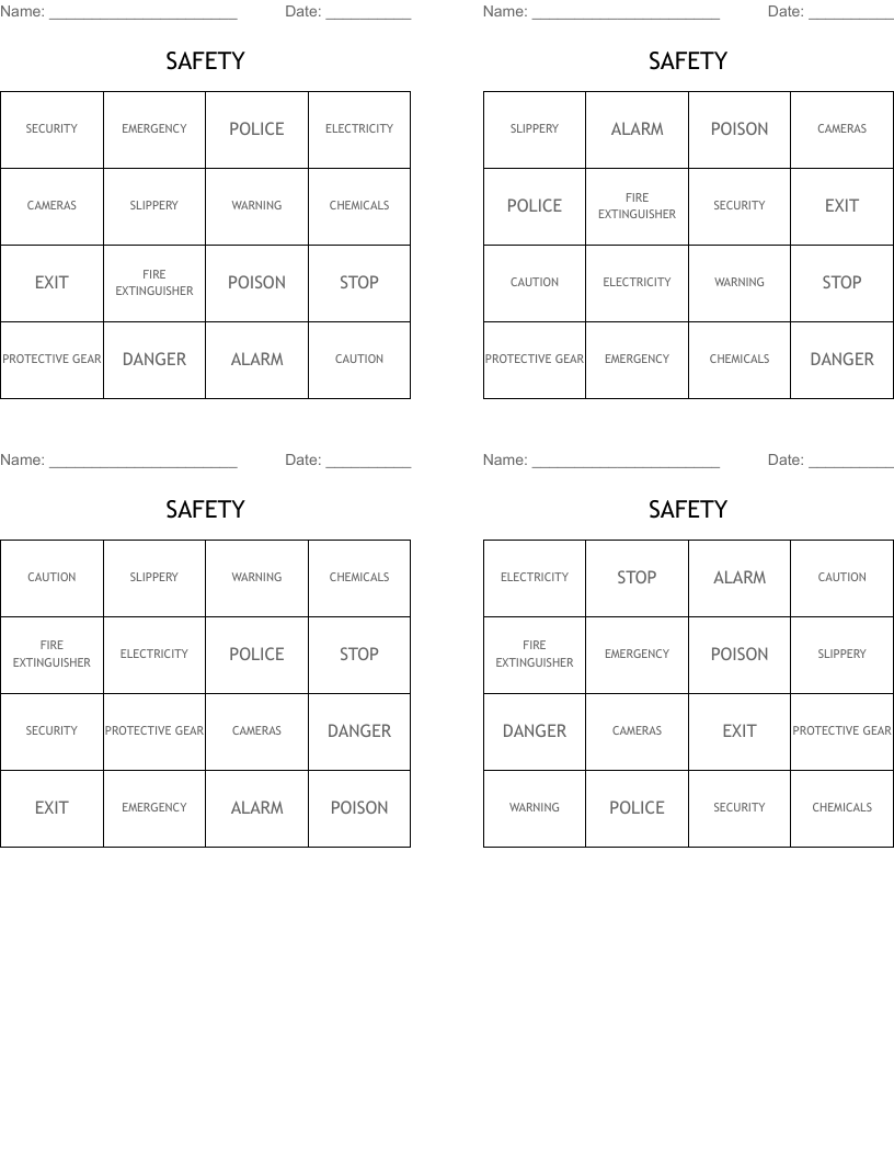 SAFETY Bingo Cards