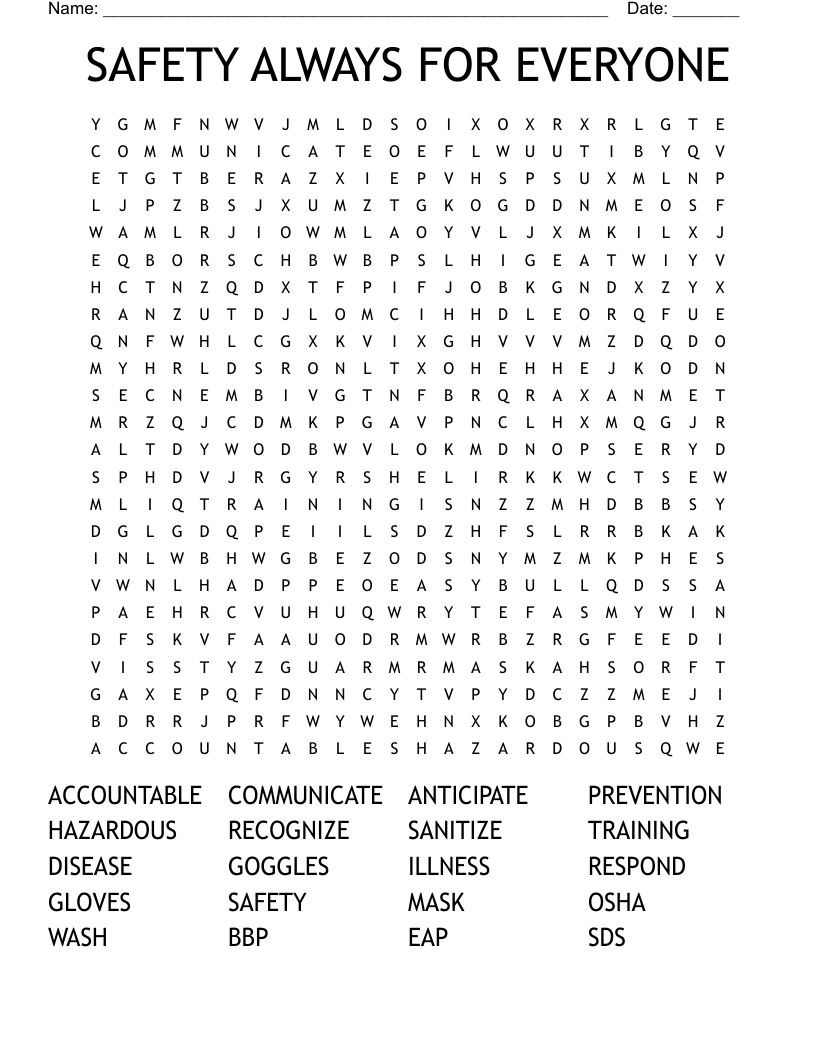 SAFETY ALWAYS FOR EVERYONE Word Search