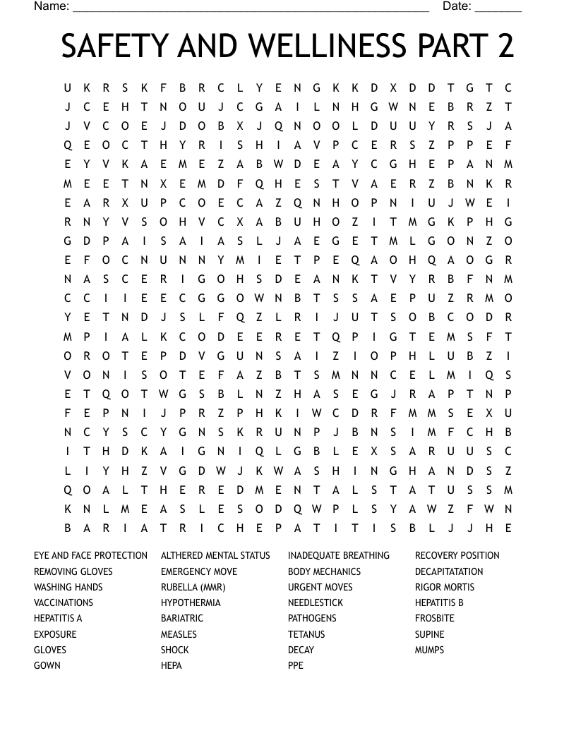 SAFETY AND WELLINESS PART 2 Word Search