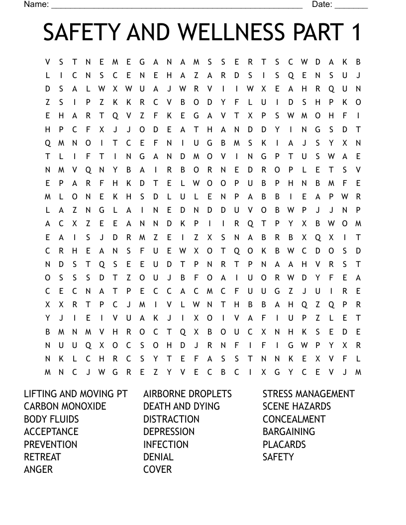 SAFETY AND WELLNESS PART 1 Word Search