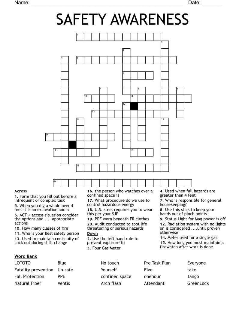 SAFETY AWARENESS Crossword