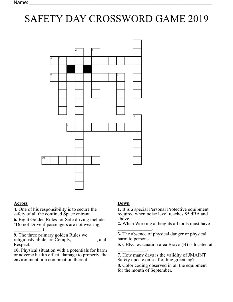 SAFETY DAY CROSSWORD GAME 2019
