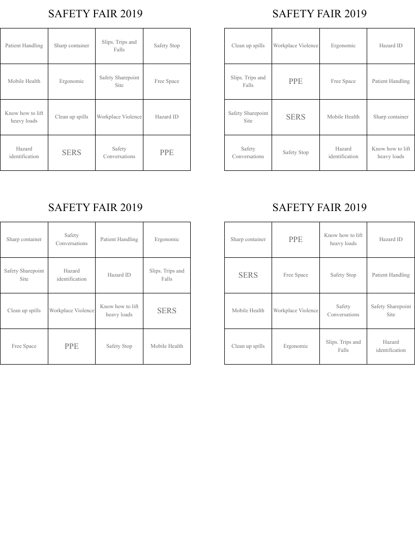 SAFETY FAIR 2019 Bingo Cards