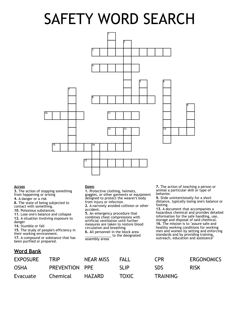 SAFETY WORD SEARCH Crossword