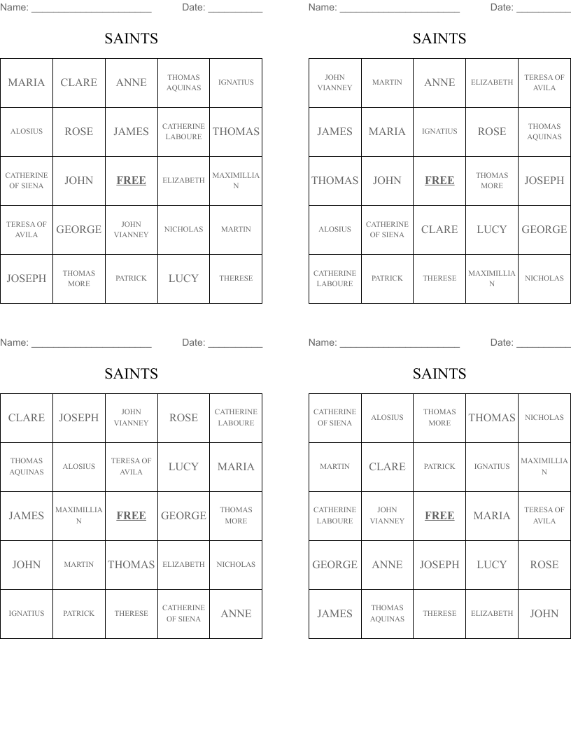 SAINTS  Bingo Cards