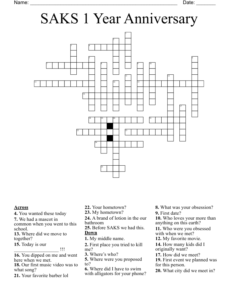 SAKS 1 Year Anniversary  Crossword