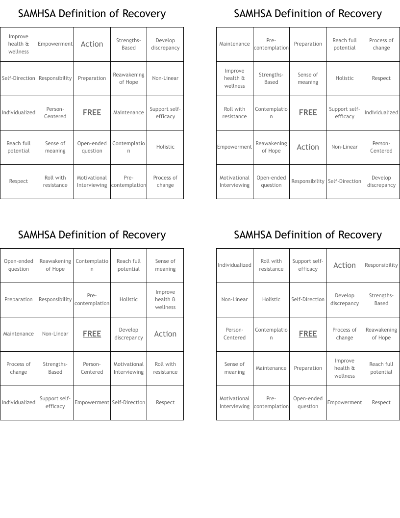 SAMHSA Definition of Recovery Bingo Cards