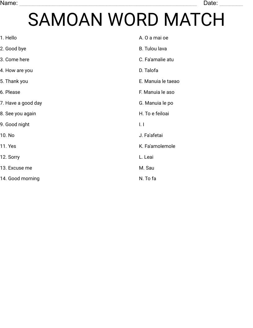 SAMOAN WORD MATCH Worksheet