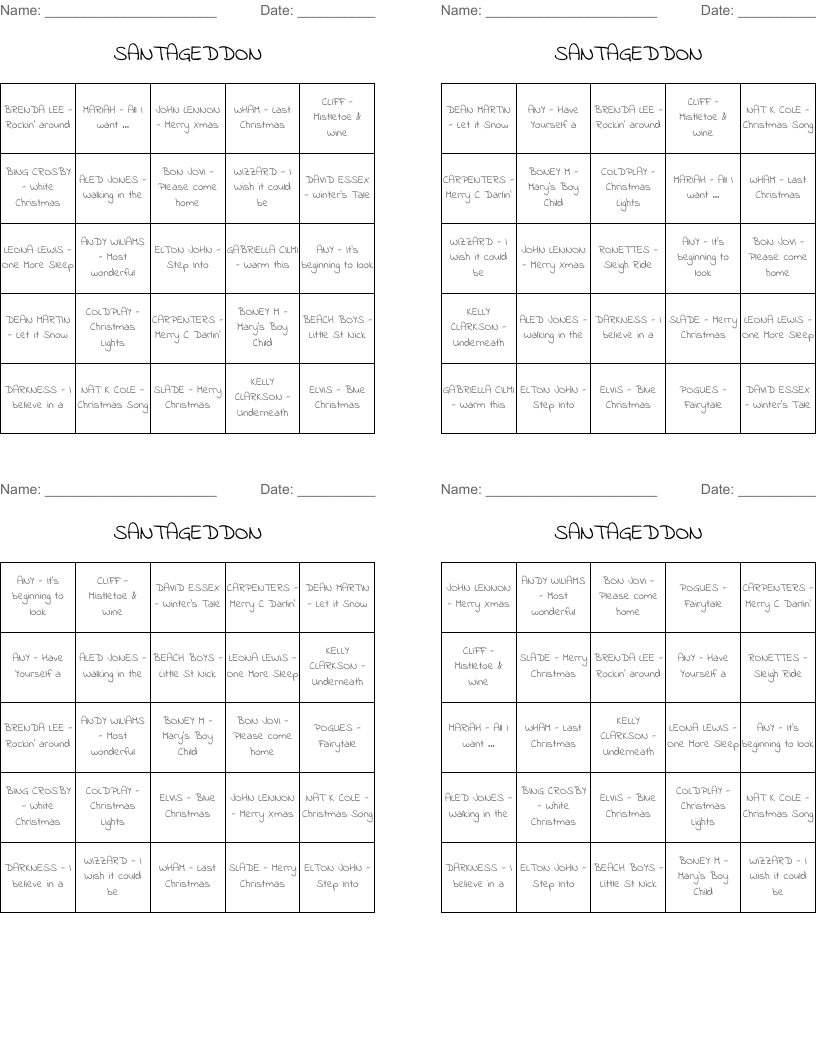 SANTAGEDDON Bingo Cards