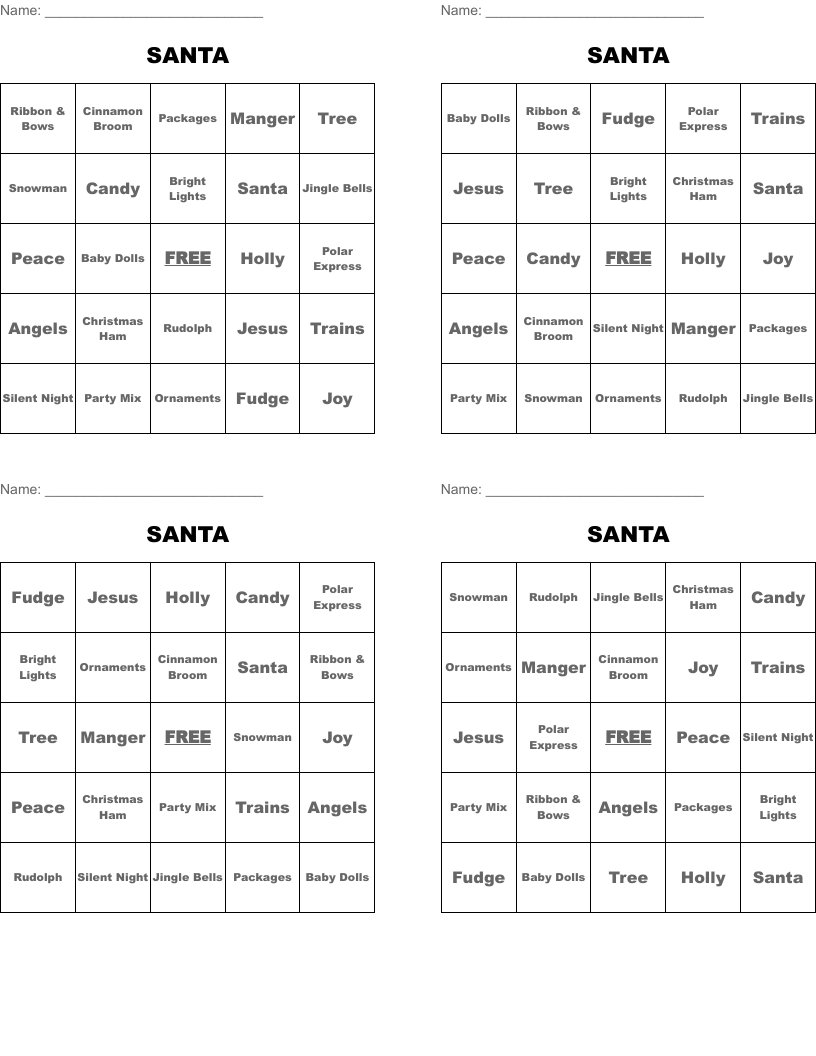 SANTA Bingo Cards
