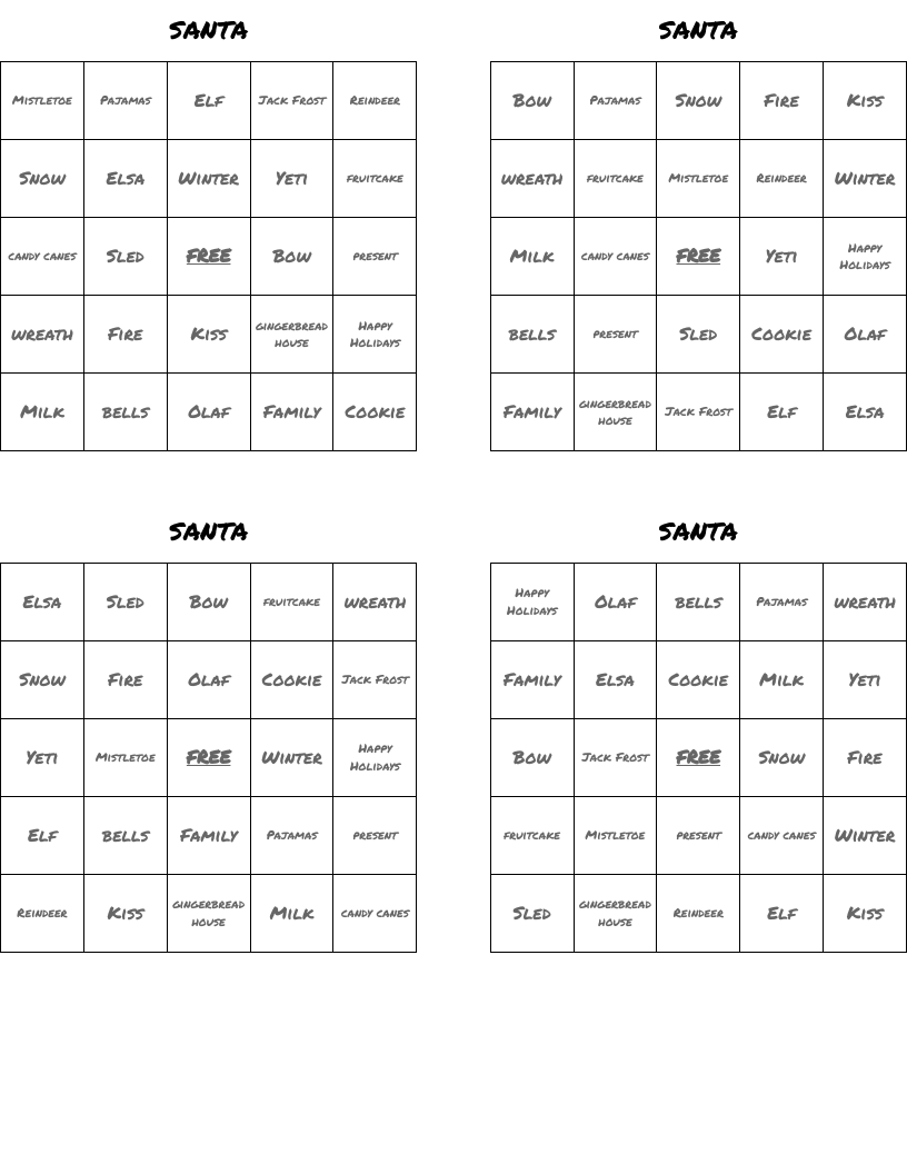 SANTA Bingo Cards