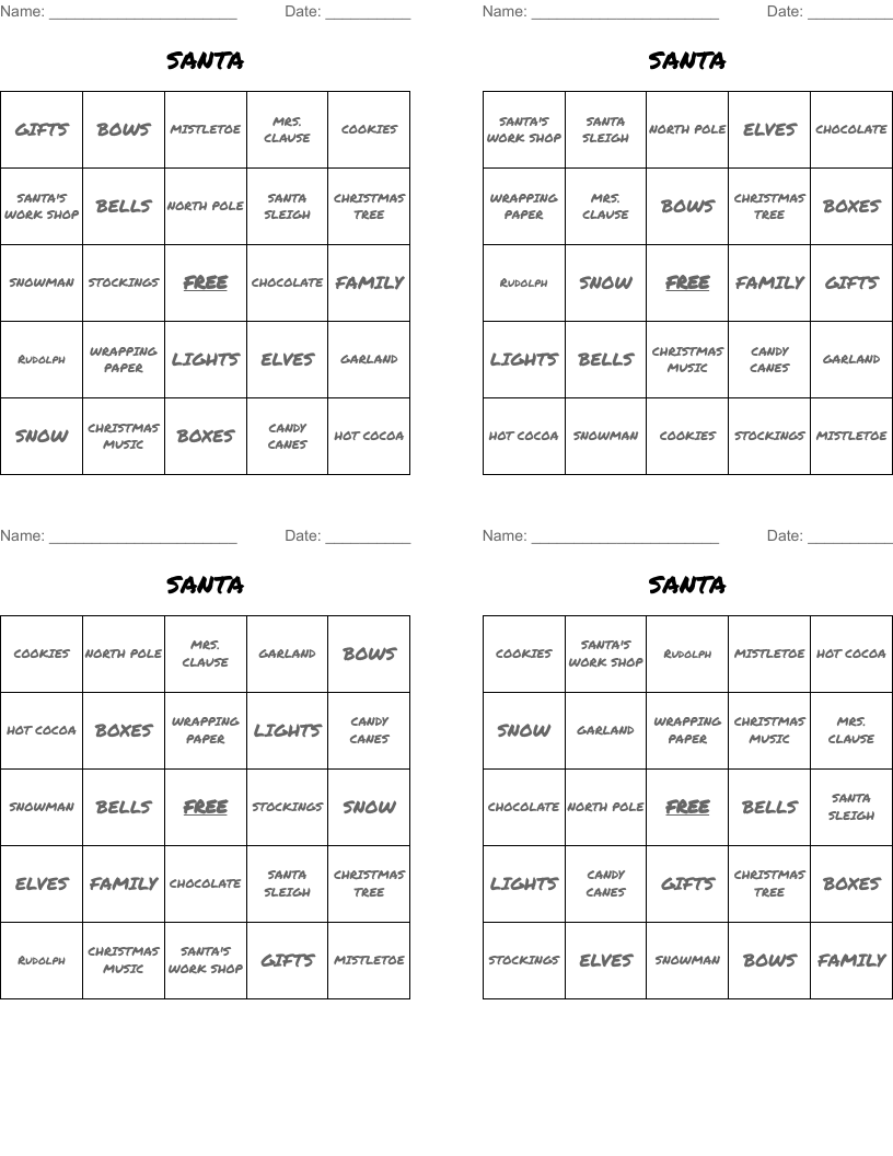 SANTA Bingo Cards