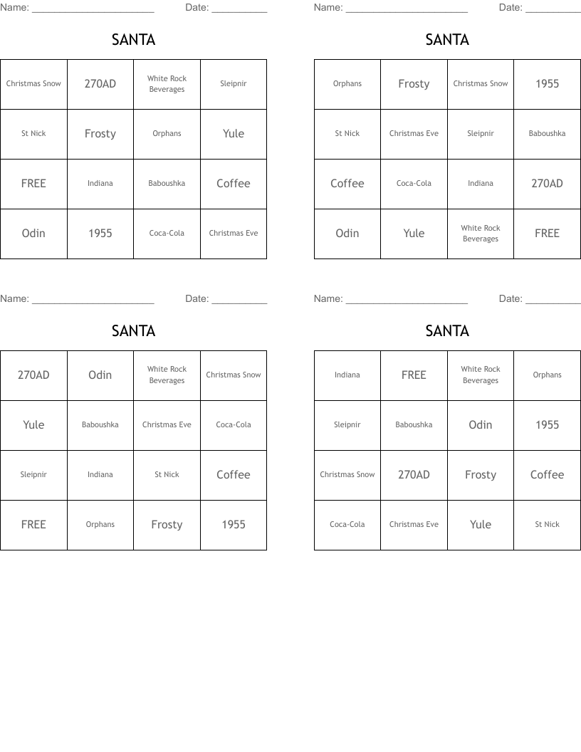 SANTA Bingo Cards