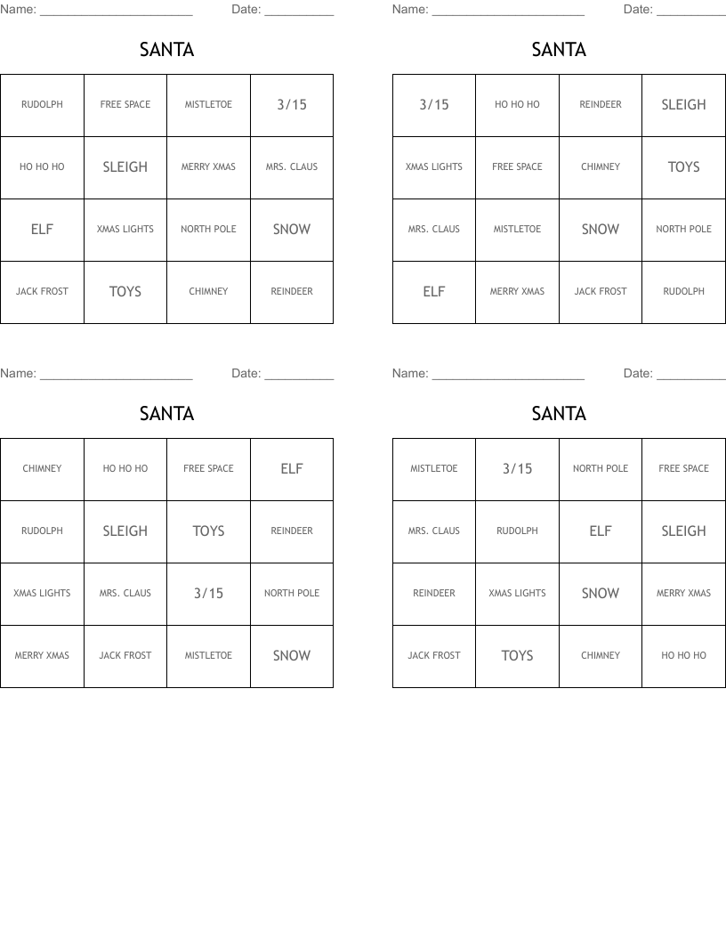 SANTA Bingo Cards