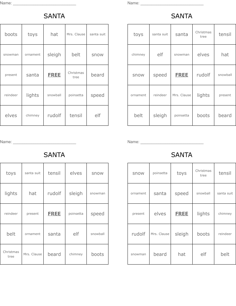 SANTA Bingo Cards