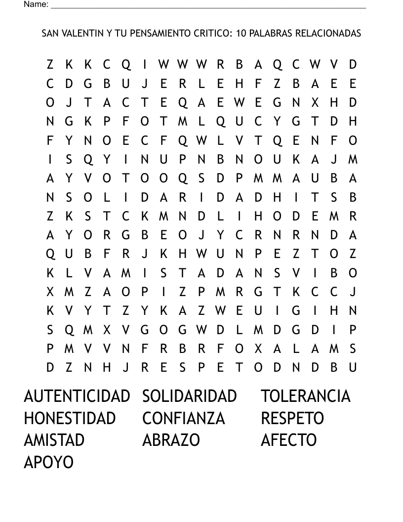 SAN VALENTIN Y TU PENSAMIENTO CRITICO: 10 PALABRAS RELACIONADAS Word Search