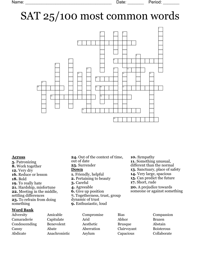 SAT 25/100 most common words Crossword
