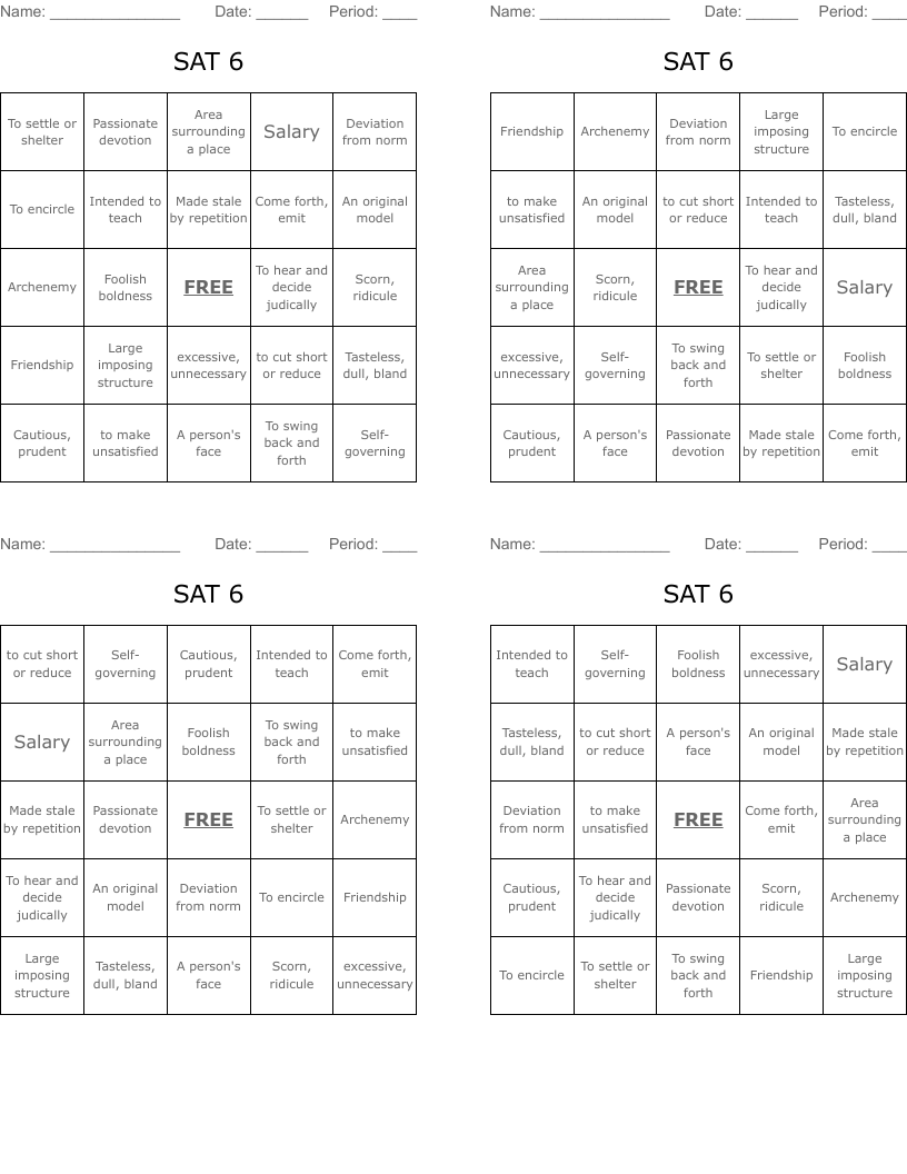 SAT 6 Bingo Cards