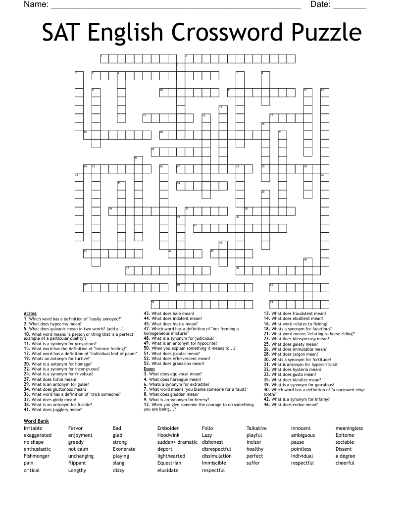 SAT English Crossword Puzzle