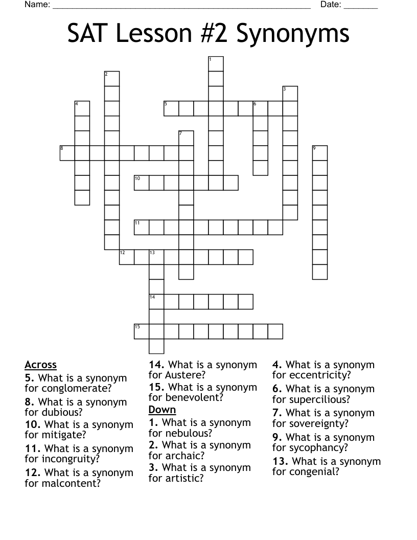 SAT Lesson #2 Synonyms Crossword