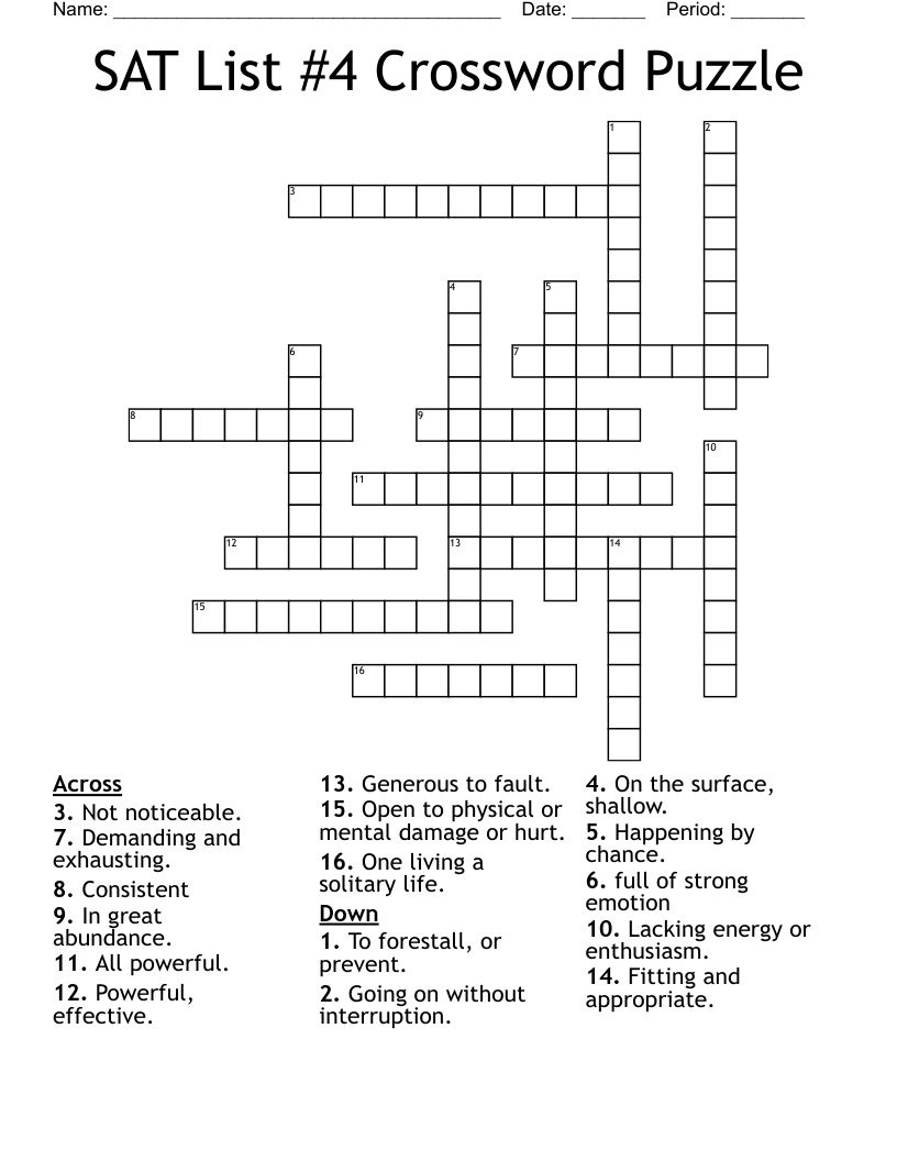 SAT List #4 Crossword Puzzle