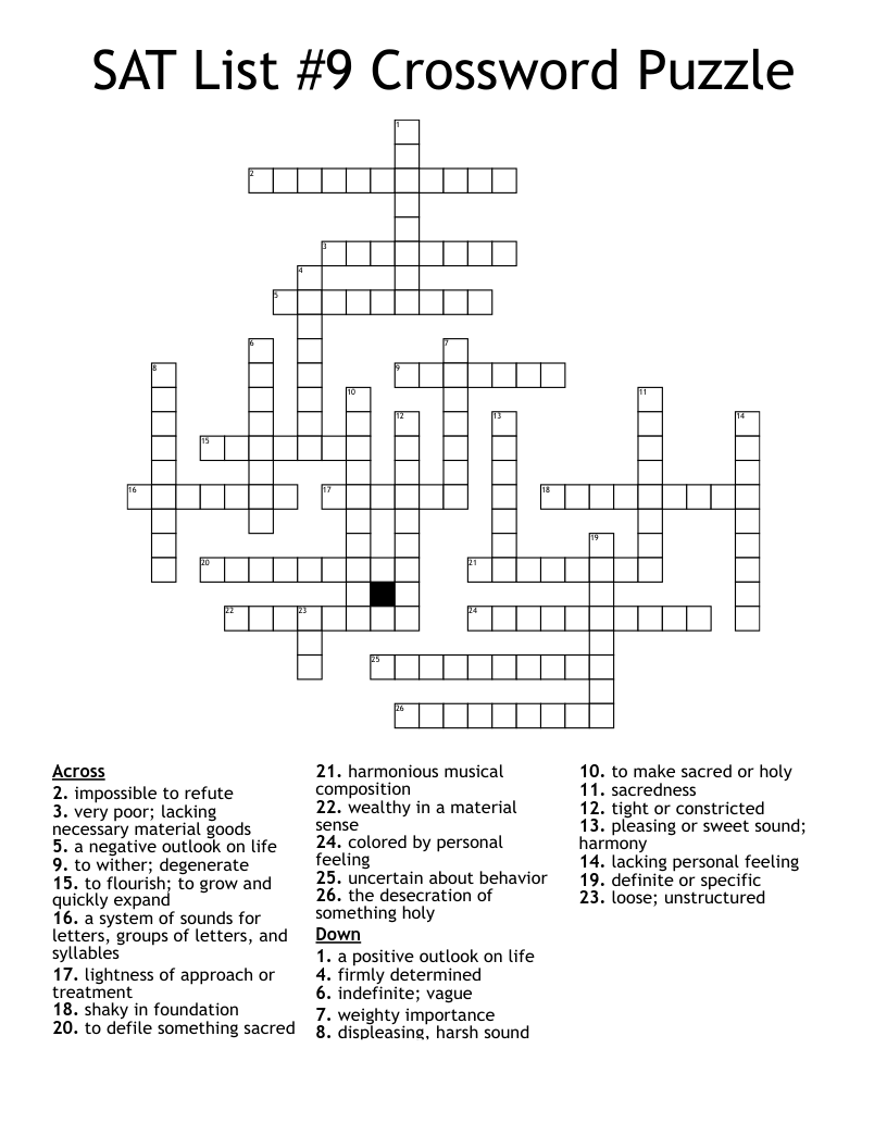 SAT List #9 Crossword Puzzle