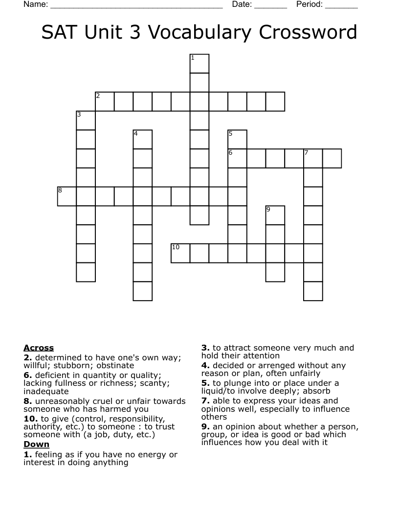 SAT Unit 3 Vocabulary Crossword