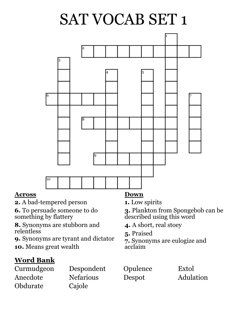 SAT VOCAB SET 1 Crossword