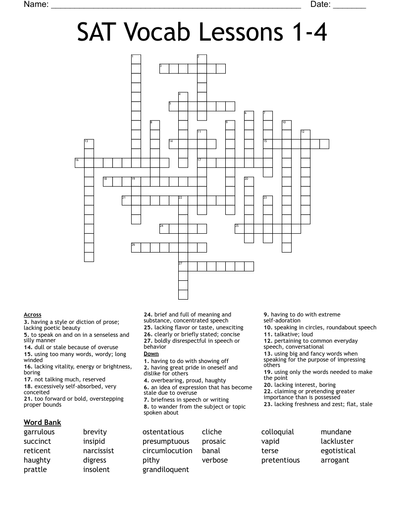 SAT Vocab Lessons 1-4 Crossword