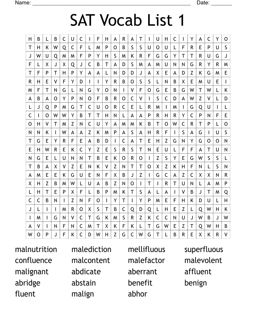 SAT Vocab List 1 Word Search