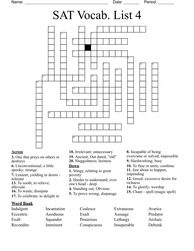 SAT Vocab. List 4 Crossword