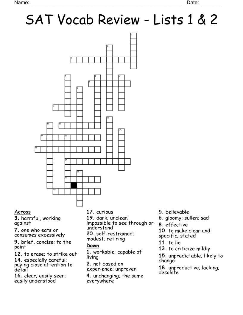 SAT Vocab Review - Lists 1 & 2 Crossword