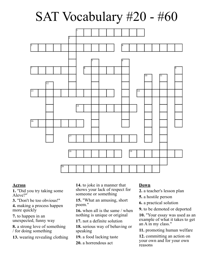 SAT Vocabulary #20 - #60 Crossword