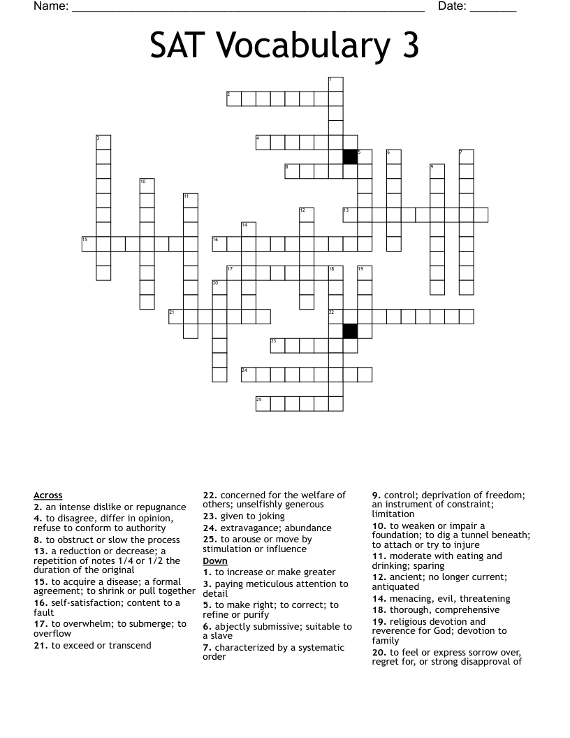 SAT Vocabulary 3 Crossword