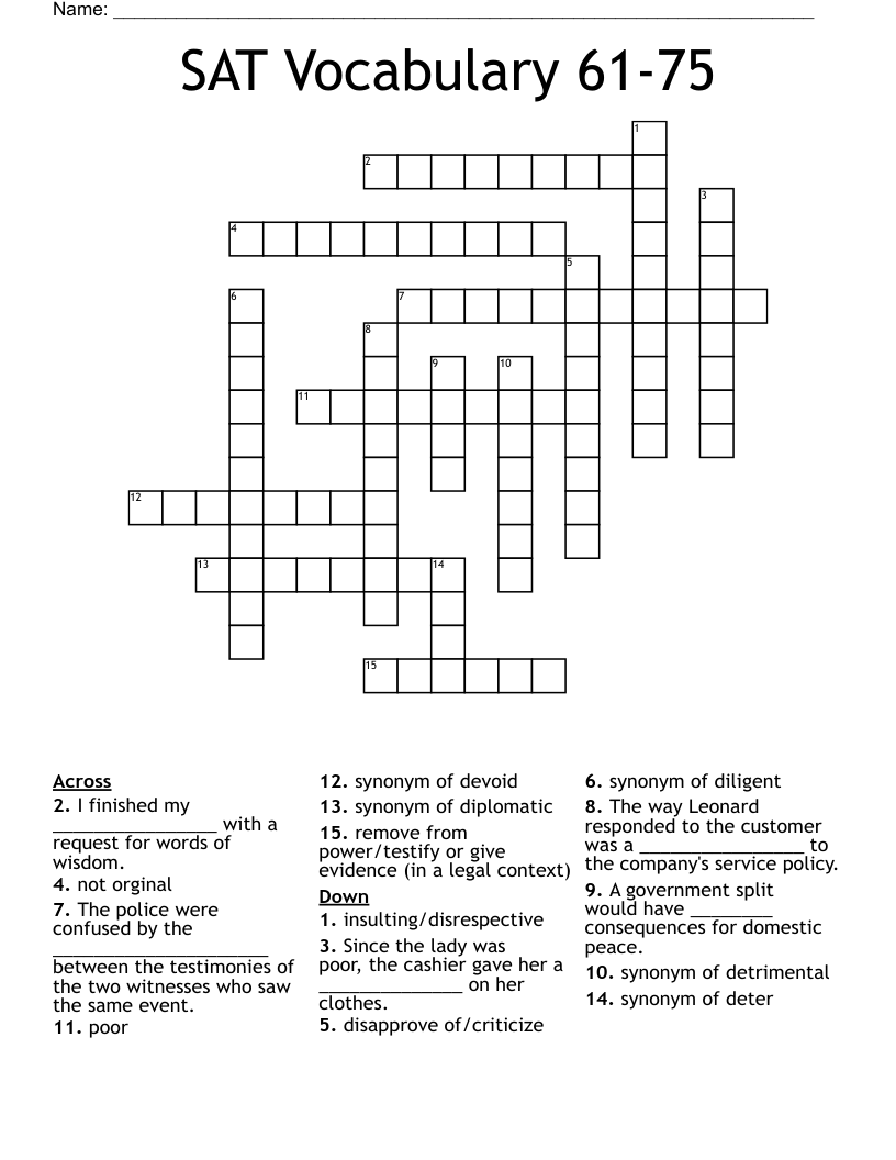 SAT Vocabulary 61-75 Crossword