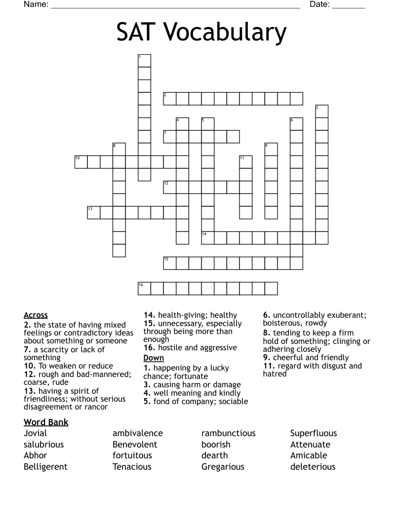 SAT Vocabulary Crossword