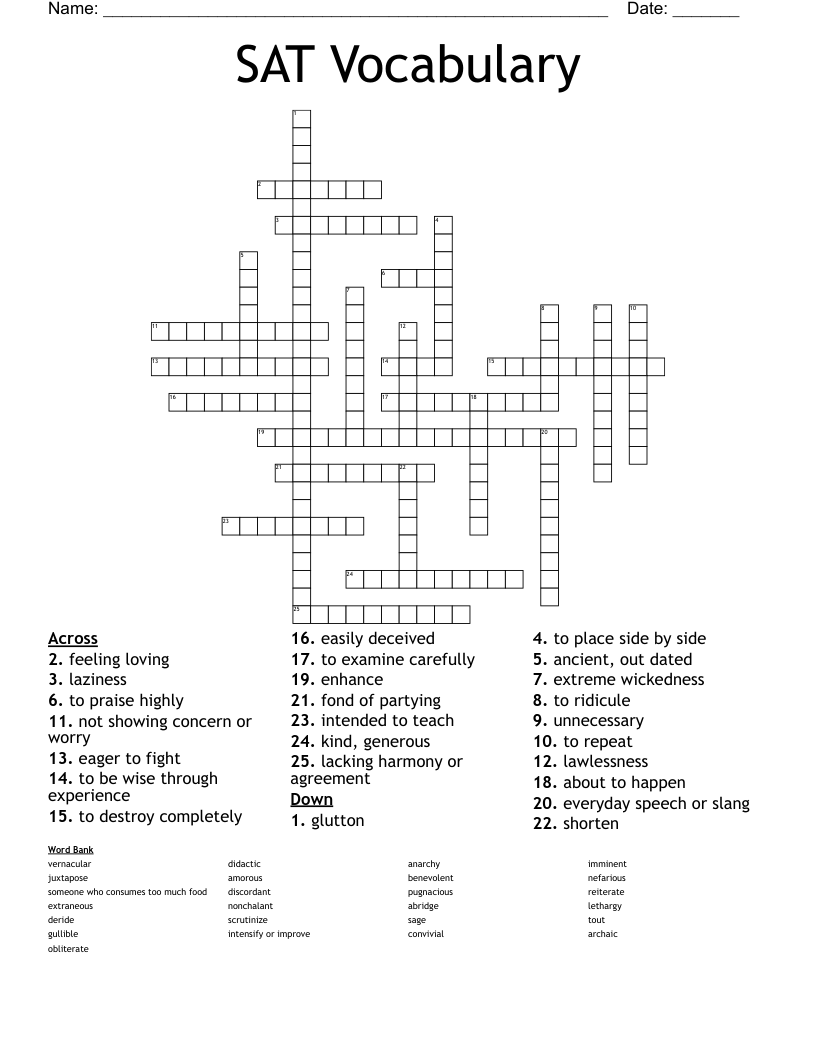 SAT Vocabulary Crossword