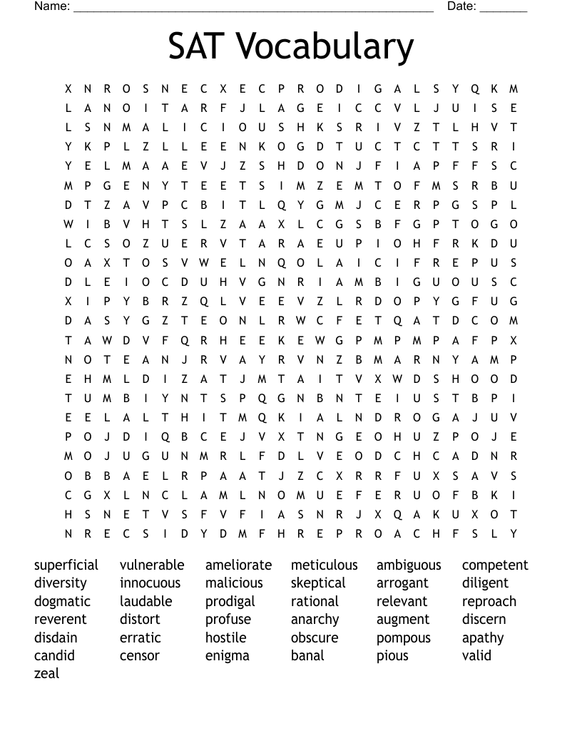SAT Vocabulary Word Search