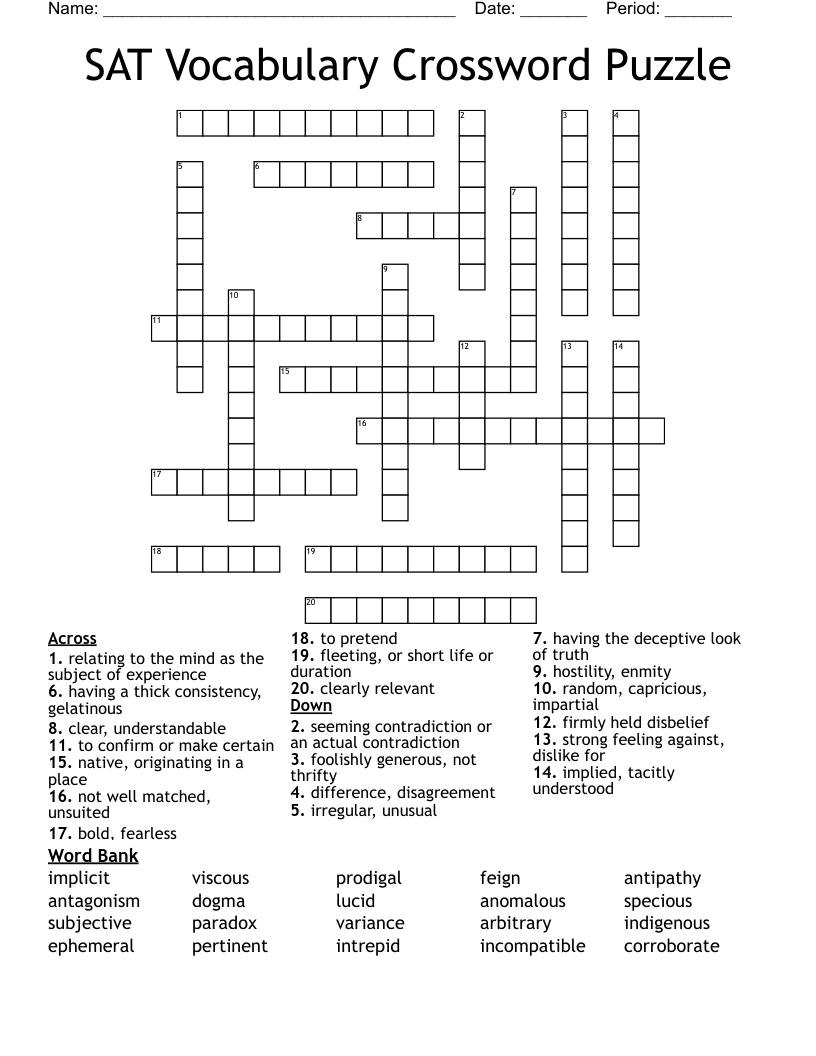SAT Vocabulary Crossword Puzzle