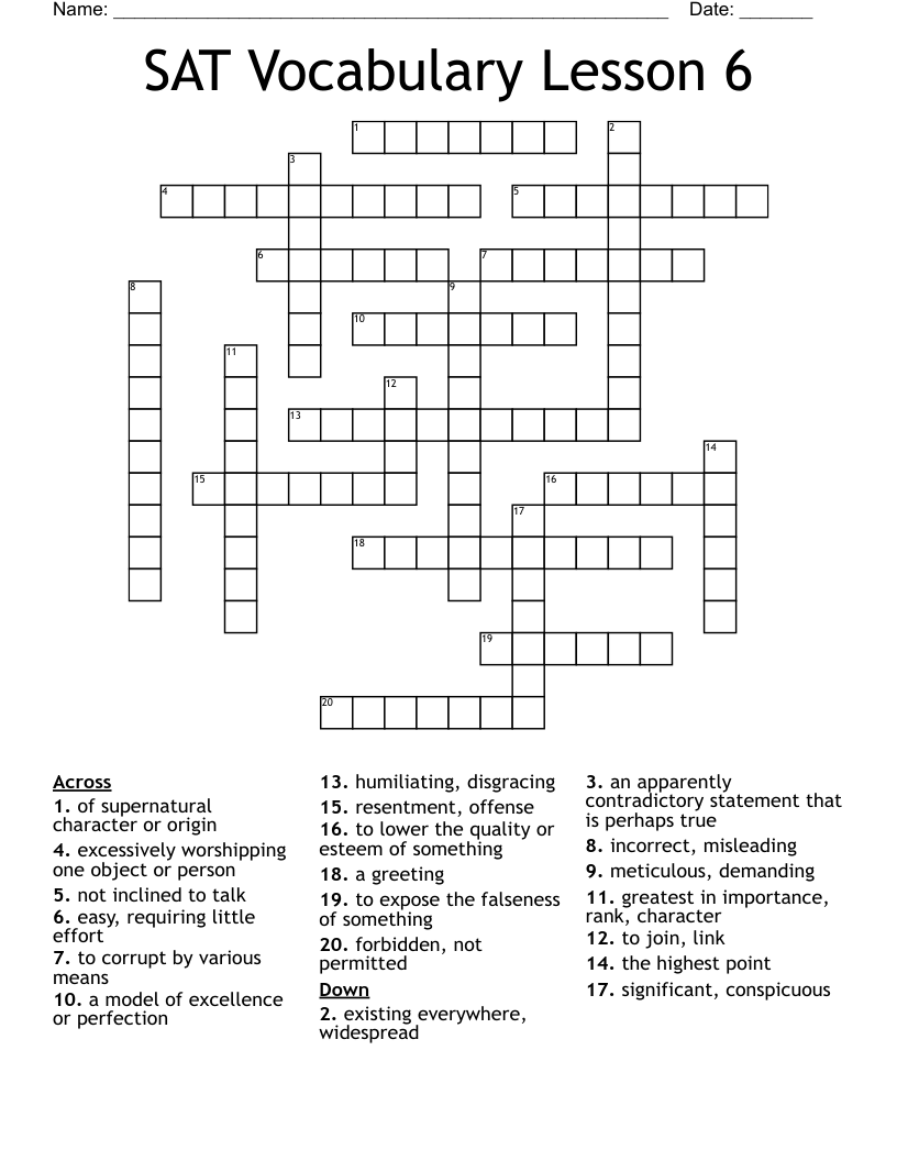 SAT Vocabulary Lesson 6 Crossword