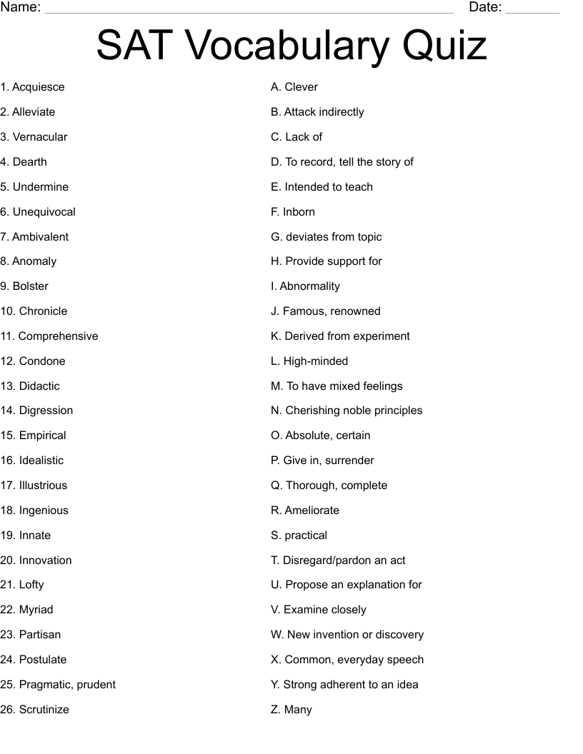 SAT Vocabulary Quiz Worksheet