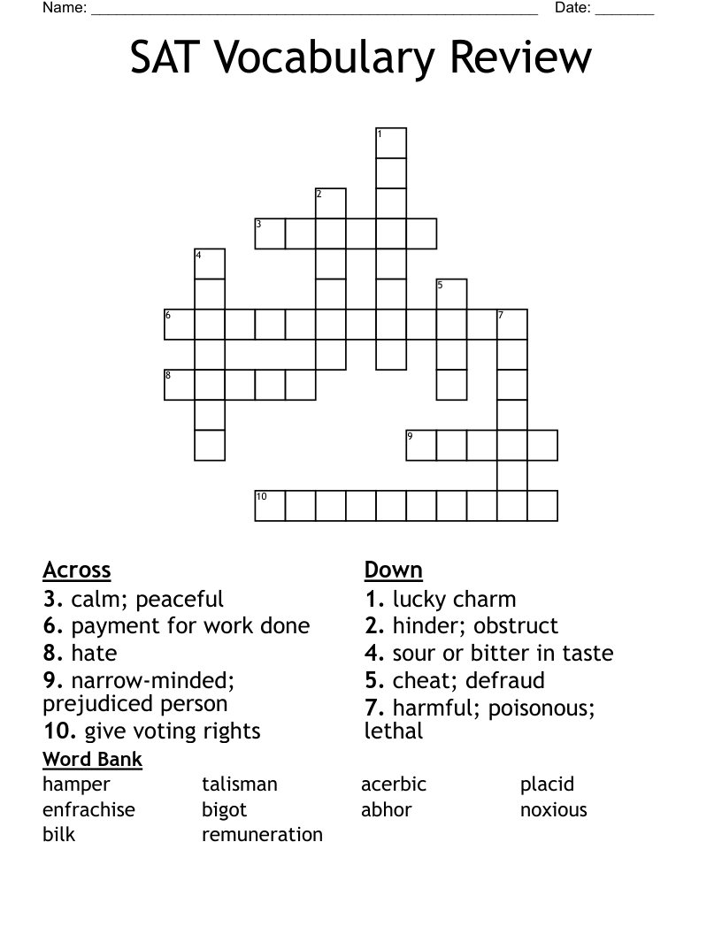SAT Vocabulary Review  Crossword