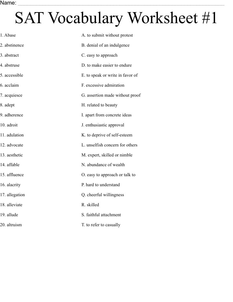 SAT Vocabulary Worksheet #1