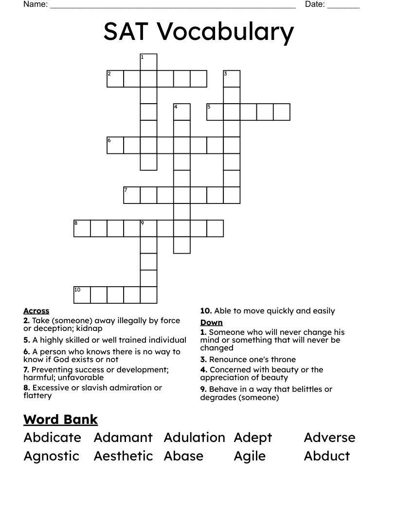 SAT Vocabulary  Crossword