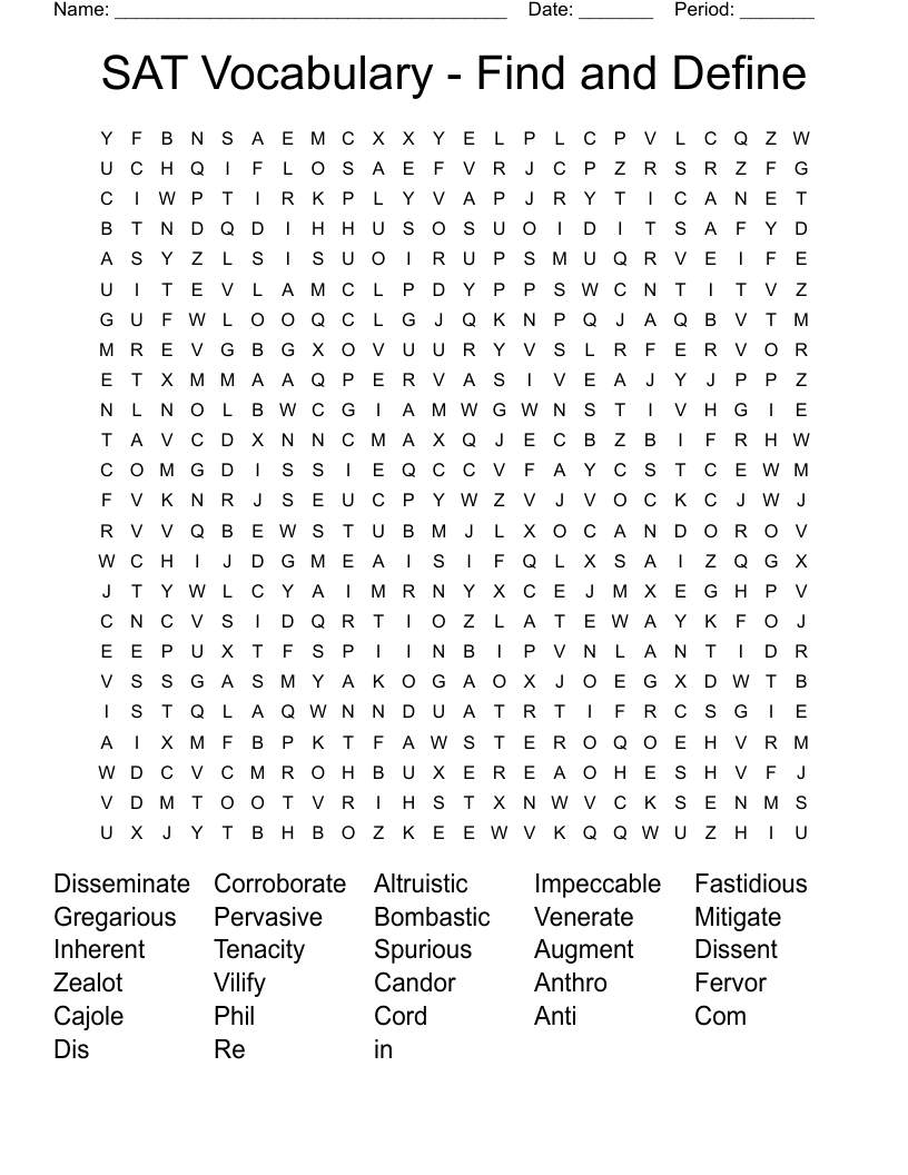 SAT Vocabulary - Find and Define  Word Search